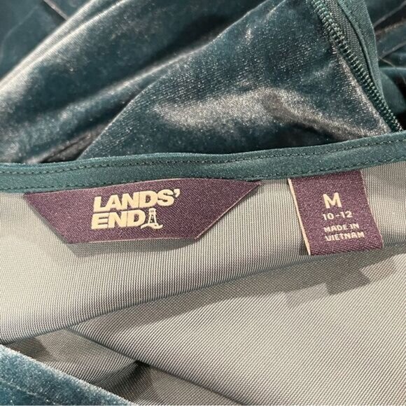 Lands' End Velvet and Satin Midi Dress in evening teal color with plated skirt - Picture 9 of 13